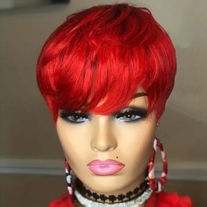 180% Density 1B/Red Layered Pixie Cut Wavy Short Human Hair Wigs with Band